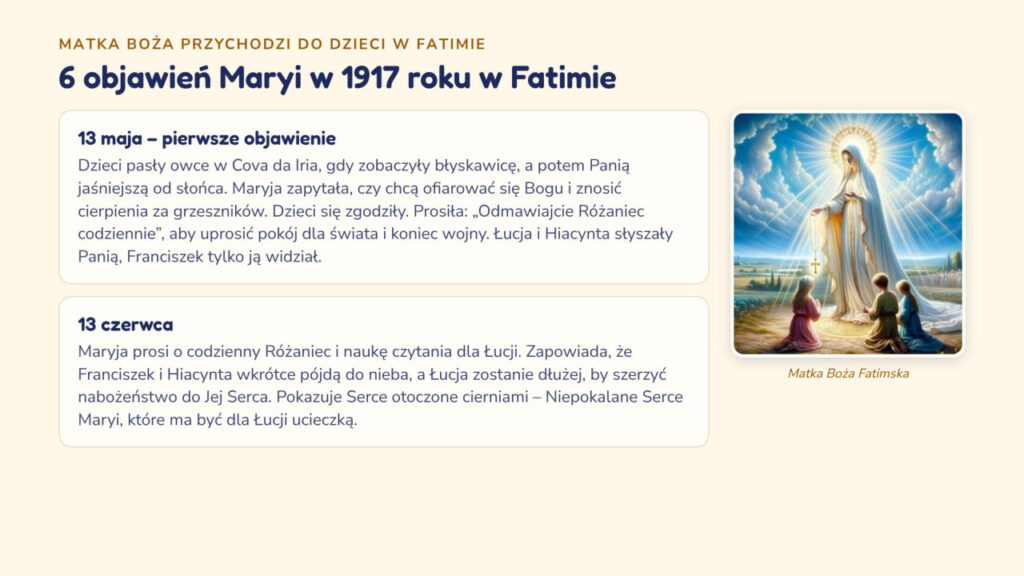 6 objawień Maryi w 1917 roku w Fatimie – slajd z prezentacji